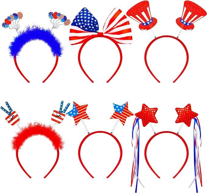 red, white and blue headbands with bows and stars on them for fourth of july