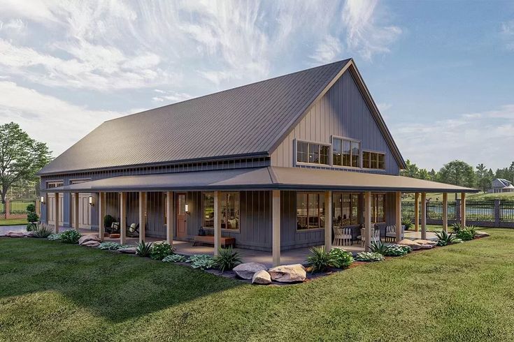 this is a rendering of a small house in the country style with porches and covered verandas