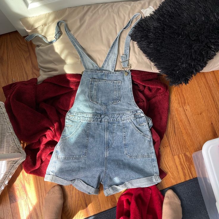 Short Denim Overalls. Never Worn. Denim Blue Casual Overalls, Casual Denim Blue Overalls, Casual High Rise Shortalls For Spring, Casual Blue Washed Shortalls, High Waist Washed Blue Denim Jumpsuit, Denim Overalls With Relaxed Fit, High Rise Cotton Shortalls For Spring, Denim Blue Relaxed Fit Overalls, High Rise Denim Shortalls For Spring