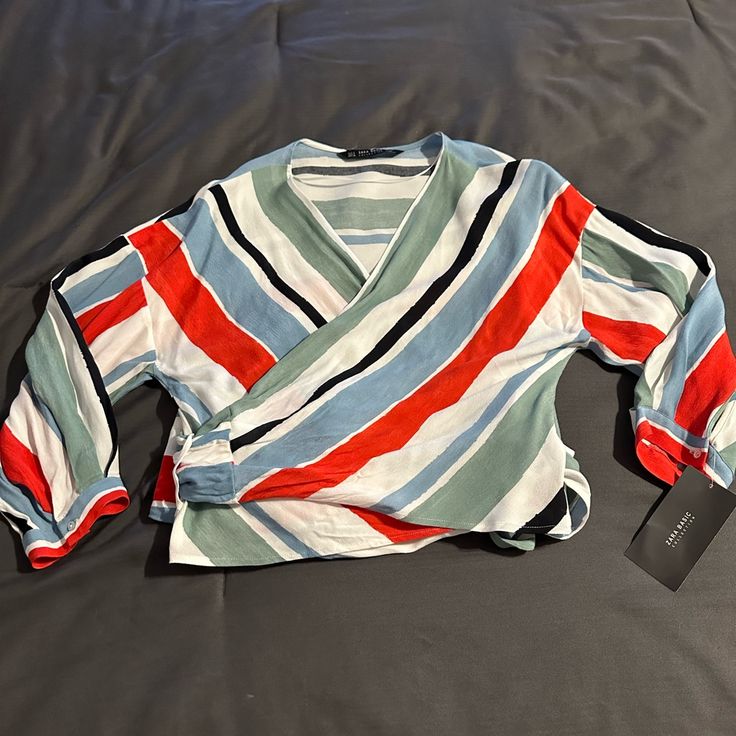 Zara Basic Collection. Size Small. 3/4 Sleeves. Wrap Shirt.Nwt Trendy Tops With 3/4 Sleeves For Brunch, Spring Striped V-neck Shirt, Casual Multicolor Shirt With 3/4 Sleeves, Chic Red Top With 3/4 Sleeves, Casual Red Blouse With 3/4 Sleeves, Red V-neck Shirt For Spring, Trendy 3/4 Sleeve Top For Day Out, Zara Multicolor Long-sleeved Blouse, Zara Multicolor Long Sleeve Blouse