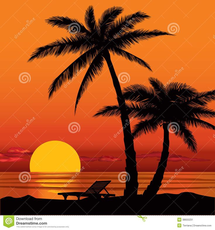 a sunset with two palm trees and a bench on the beach in front of an orange sky