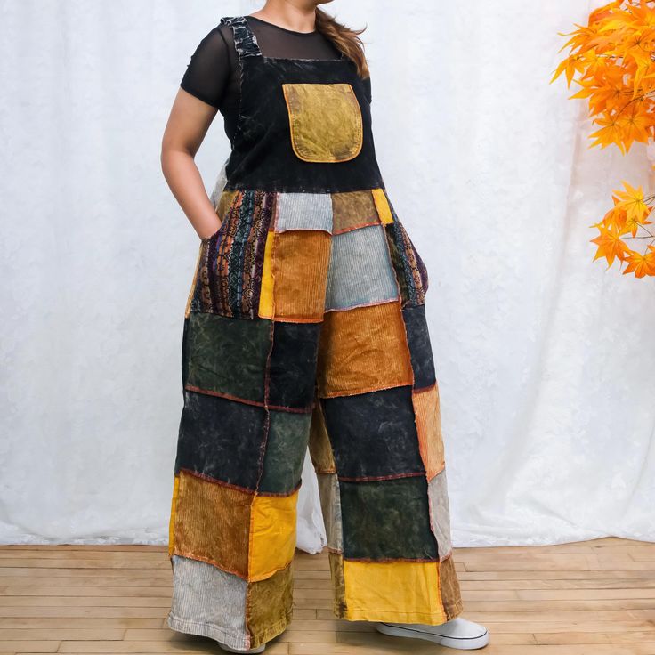 Women Corduroy Jumpsuit, Handmade Boho Hippie Overalls, Multicolor Wide Leg Rompers, Plus Size Patchwork Jumpsuit, 90s Style Baggy Jumpsuit This handmade corduroy jumpsuit is the perfect addition to your boho hippie wardrobe. With its patchwork design and multicolored accents, it's sure to make a statement. The wide leg and baggy fit give off a 90s vibe, making it both retro and fashionable. Handmade corduroy jumpsuit with patchwork accents - Unisex dungaree style with a boho hippie flair - Mult Casual Yellow Cotton Overalls, Yellow Cotton Overall Jumpsuits And Rompers, Casual Cotton Jumpsuit With Patchwork, Casual Cotton Jumpsuits And Rompers With Patchwork, Casual Cotton Jumpsuit And Romper With Patchwork, Casual Patchwork Jumpsuits And Rompers For Fall, Casual Multicolor Jumpsuits And Rompers For Fall, Casual Multicolor Patchwork Jumpsuits And Rompers, Casual Cotton Patchwork Overalls