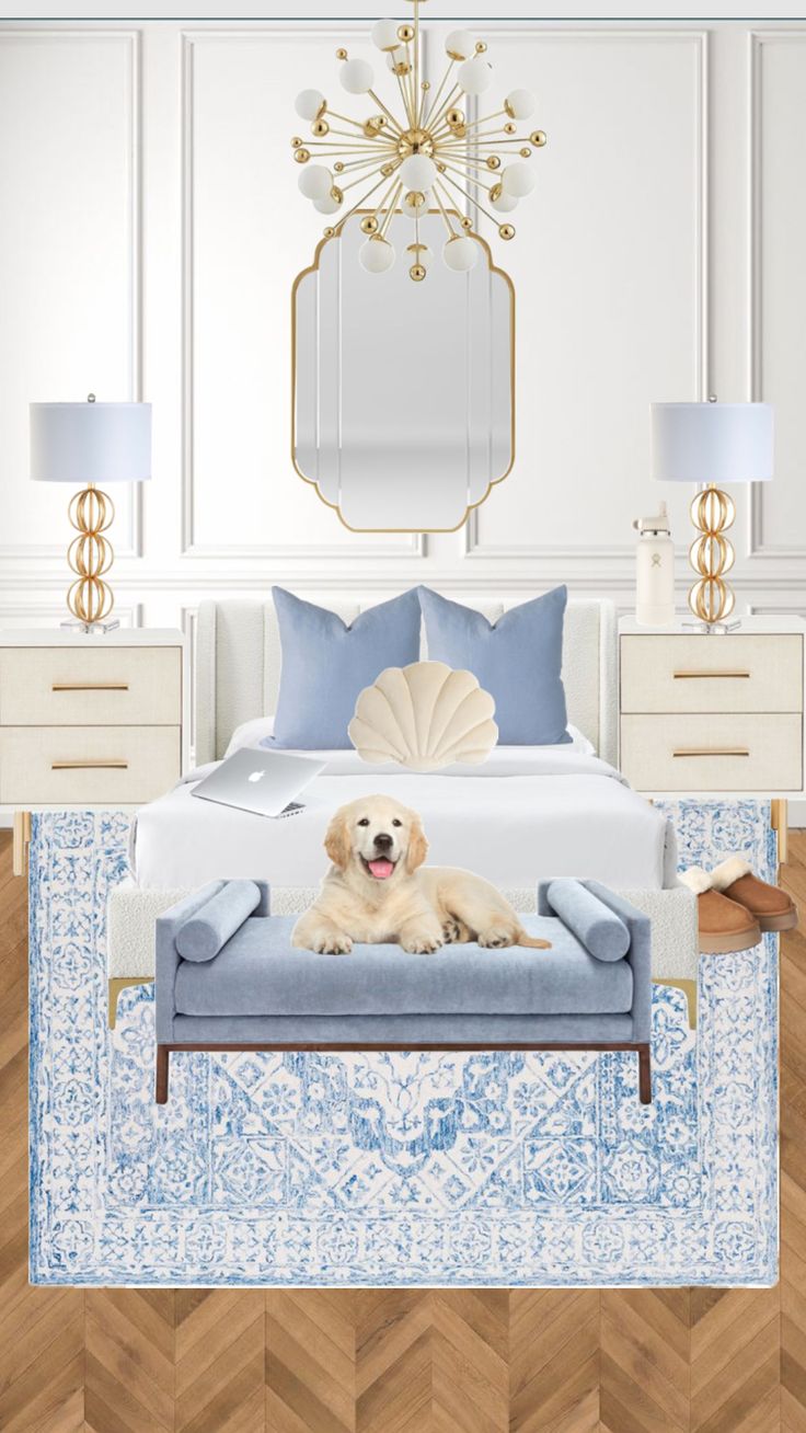 a dog is laying on a bed in a room with white walls and blue furniture