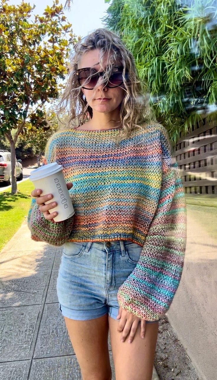 🖤This sweater is made to order, so I will begin knitting it once you place your order! For this reason, please allow up to two weeks for production and shipping 🖤 This vibrant, hand-knit sweater features a mix of colorful rainbow stripes with a relaxed, oversized fit. Made with breathable, lightweight yarn, it's perfect for layering over casual outfits or wearing as a stylish beach cover-up. The loose-knit design and wide balloon sleeves give it a cozy, boho vibe, making it a must-have for coo Casual Multicolor Crew Neck Cropped Sweater, Casual Multicolor Cropped Sweater With Crew Neck, Casual Multicolor Knitted Cropped Sweater, Casual Long Sleeve Knitted Cropped Sweater, Casual Long Sleeve Hand Knitted Pattern, Casual Knit Knitting Pattern, Casual Multicolor Knitting Pattern, Casual One-size Knitted Sweater, Multicolor Casual Knit Fabrication Pattern