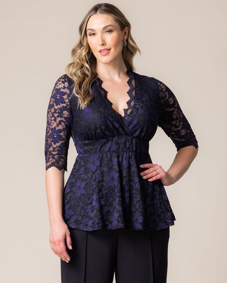 Limited Edition Luxe Lace Top in Violet Noir Plus Size Dressy Tops, Sheer Sleeves Top, Plus Size Peplum, Chic Cardigan, Peplum Skirt, Hollywood Fashion, Night Out Dress, Dressy Tops, Empire Waist