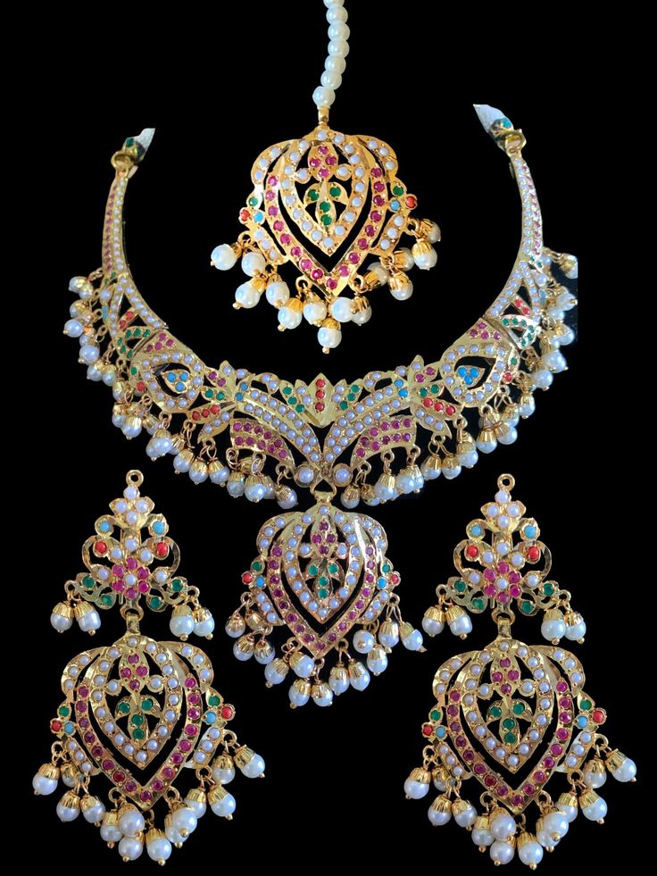 necklace with earrings and tika  made using jadau pearls with stones and  beads ,  22ct gold plated  earrings length 2 inch Jadau Necklace, Hyderabadi Jewelry, Wedding Jewellery Designs, Jadau Jewellery, Kundan Jewellery Bridal, Bride Jewelry Set, Necklace Set Indian, Deco Earrings, Gold Designs