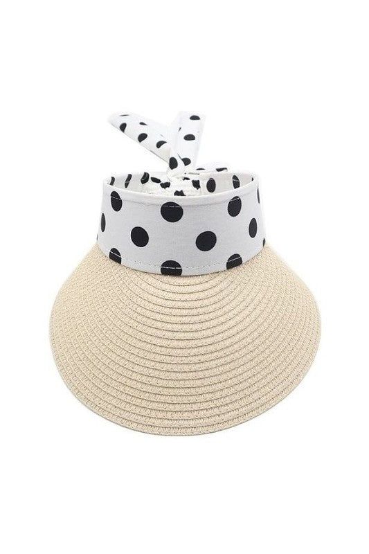 Polka Dot Crown Wide Brim Straw Sun Visor UPF 50+ UV Protection Cap Hat High Polka dot Design Crown makes it comfortable when wearing it. Occasion: Water pool, golfing, boating, running, travel, camping, beach Material: Polyester and Paper Straw Size: One Size Fit Most with Knot strap. Head circumference:21"-25" - Black, Beige, Camel Available Casual Summer Golf Hat, White Breathable Visor Sun Hat, Summer Golf Hats With Curved Brim, Curved Brim Golf Hats For Summer, Breathable White Visor Sun Hat, Summer Golf Hat With Curved Brim, White Wide Brim Breathable Hat, White Visor For Spring Vacation, Casual Golf Visor For Summer