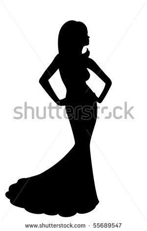 a woman in a long dress silhouetted on a white background with her hands on her hips