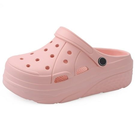 Thick Sole Shoes For Women: Reach New Heights With These Platform clogs For Women. They Feature The Comfort And Style You Love About The Regular Classic Clogs, Plus about 2.0-Inch Platform Sole All The Way Around. What Size Should I Buy?: These Women's Clogs Offer A Roomy Fit And We suggest selecting the appropriate size based on the size chart. They Also Feature Pivoting Heel Straps For A More Secure Fit Throughout The Day. Premium Quality and Breathable: These summer sandals were made of EVA r Non-slip Synthetic Closed Toe Platform Slippers, Non-slip Synthetic Platform Slippers With Closed Toe, Outdoor Non-slip Slip-on Clogs, Casual Pink Non-slip Platform Slippers, Summer Slip-on Eva Clogs, Summer Closed Toe Eva Clogs, Summer Non-slip Eva Clogs, Summer Eva Slip-on Clogs, Casual Eva Clogs For Summer