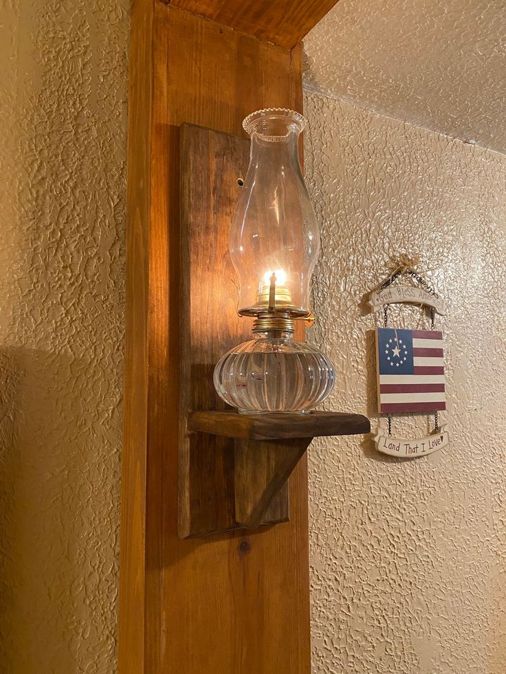 Wooden Oil Lamp Sconce or Wooden decorative shelf, Candle holder, potted plant, Holder. (different colors can be offered) Media Wall Shelves, Oil Lamp Decor, Vintage Candle Sconces, Upcycle Crafts, Apartment Designs, Wood Things, Decorative Shelf, Moody Interiors, Oil Lantern