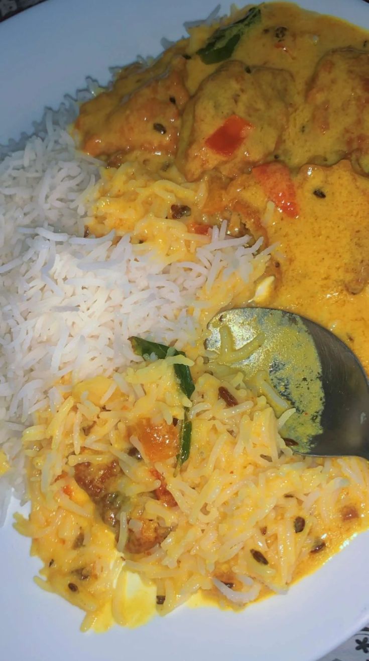 a white plate topped with rice and chicken