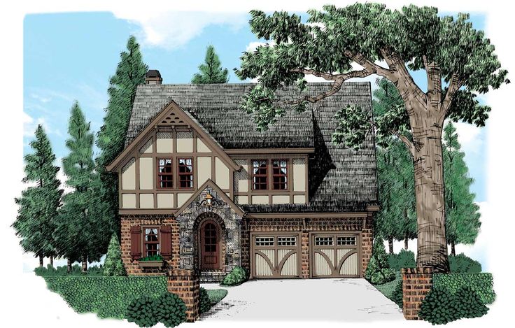 this is an artist's rendering of a tudor style house with stone and brick accents