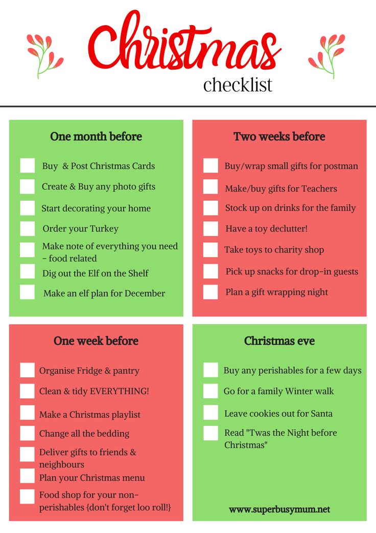 christmas checklist with the words, one month before and two weeks before