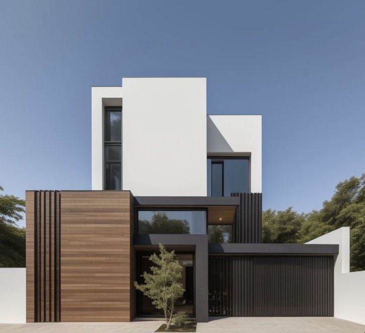 a modern house with white walls and wood accents on the front door, along with large windows