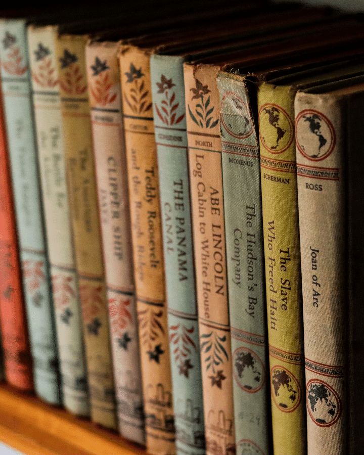 a row of books sitting on top of a wooden shelf