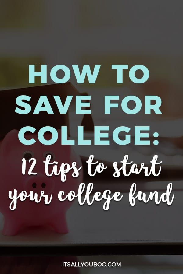 a pink piggy bank sitting on top of a desk with text overlay that reads how to save for college 12 tips to start your college fund