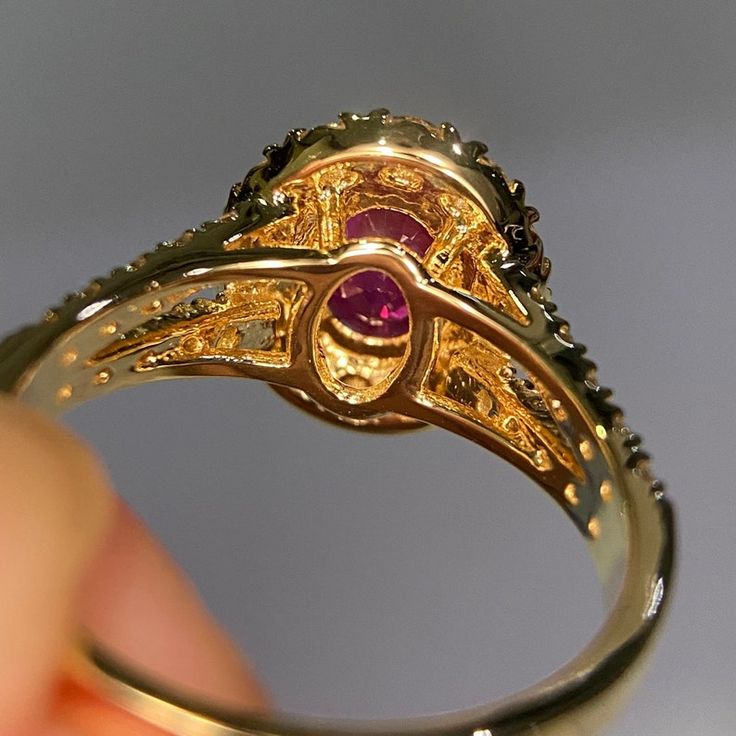 Natural Pink-red Burma Ruby 1.58 Carat Surrounded by 0.75 - Etsy Formal Gold Ruby Ring With Round Stone, Gold Amethyst Ring With Diamond Halo Setting, Anniversary Ruby Ring With Round Cut Moissanite, Anniversary Ruby Ring With Moissanite In Round Cut, Yellow Gold Amethyst Ring With Brilliant Cut For Promise, Luxury 14k Gold Round Ruby Ring, Fine Jewelry Moissanite Ruby Ring, Ruby Ring With Prong Setting And Moissanite, Exquisite Emerald Promise Ring