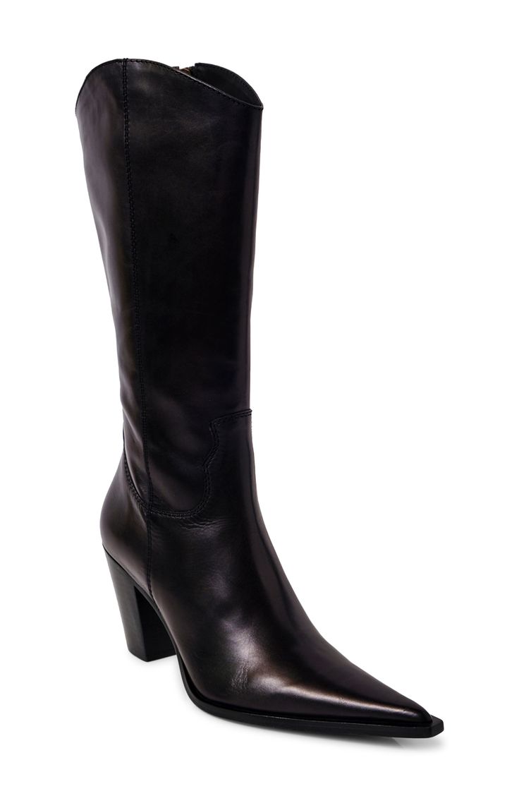 Tonal, Western-inspired stitching accents the slouchy shaft of this boot crafted from soft leather and elevated on a sturdy block heel. Side zip closure Leather upper, lining and sole Imported Wide Calf Mid-calf Boots In Calf Leather For Fall, Fall Wide Calf Mid-calf Boots In Calf Leather, Wide Calf Leather Mid-calf Boots For Fall, Fitted Calf Leather Boots With Block Heel, Business Boots With Calf Leather And Block Heel, Calf Leather Boots With Block Heel For Winter, Business Boots With Block Heel In Calf Leather, Winter Calf Leather Boots With Block Heel, Wide Calf Leather Mid-calf Boots With Block Heel