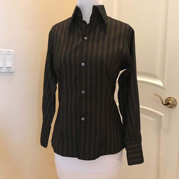 Nwot Craig Taylor Silk Career Blouse Is A Black , Copper And Bronze Stripe ( The Picture Of The Sleeve Is A Better Look A True Color ) . Never Worn , In New Condition. Very Well Made A Classy! Classic Fitted Blouse For Business Casual, Fitted Blouse For Business Casual, Elegant Slim Fit Blouse For Office, Fitted Button-up Office Lady Blouse, Fitted Button-up Blouse For Professional Wear, Fitted Button-up Blouse For Business, Fitted Business Blouse For Fall, Chic Fitted Business Tops, Fitted Office Lady Tops For Workwear