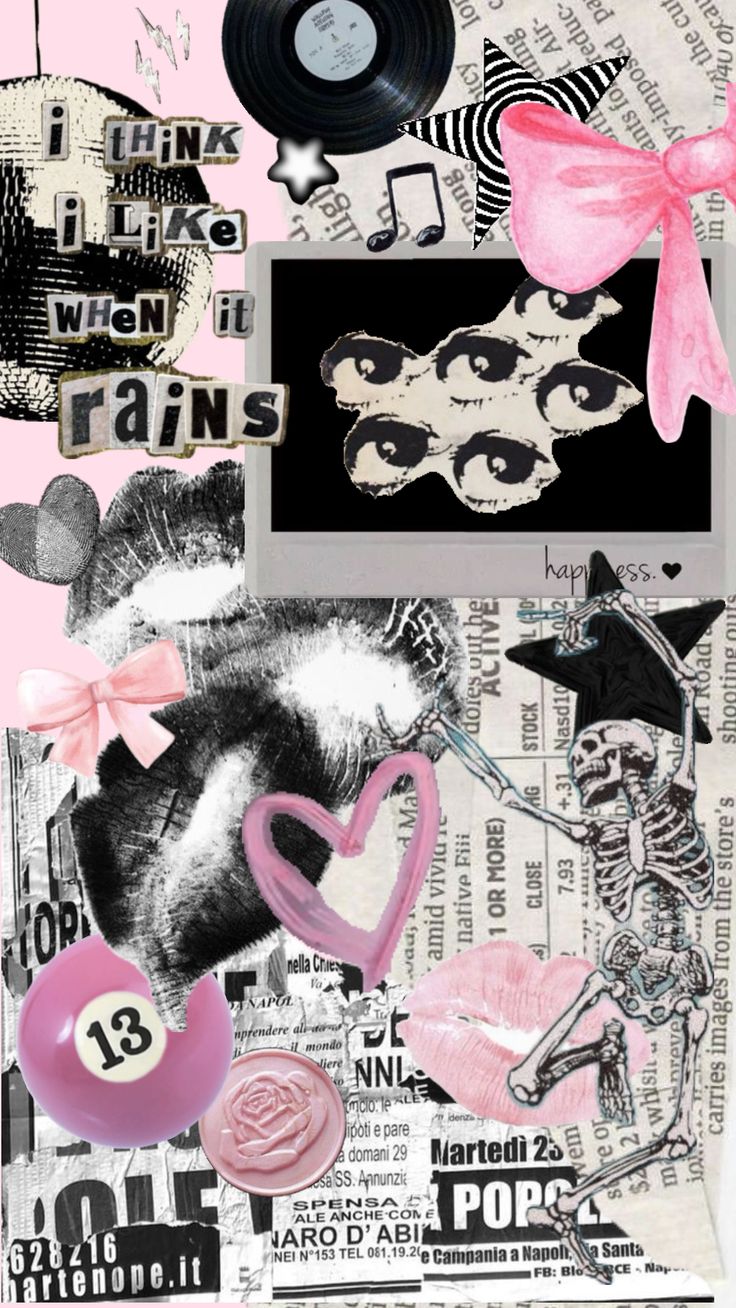 altered collage with pink and black items, including a vinyl record, skull headbands, heart shaped lollipop