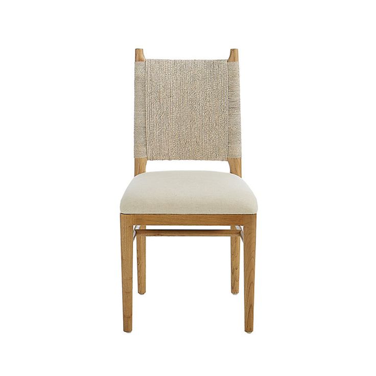 a wooden chair with a beige upholstered seat