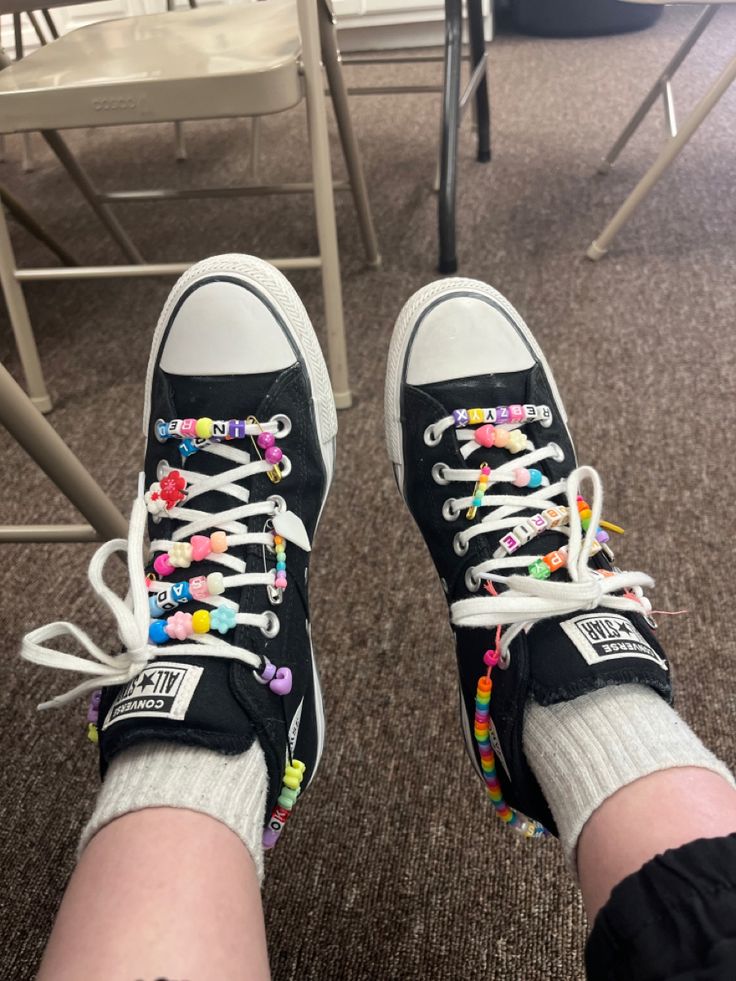 I put beads on my converse How To Decorate Converse Sneakers, Converse Ideas Beads, Converse Laces Ideas Beads, Converse Beaded Laces, Converse Beads On Laces Words, Shoes Beads On Laces, Beading Converse, Converse Shoes Beads, Decorated Converse Beads