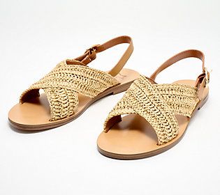 Perfect for a leisurely stroll through the farmer's market or your local shopping center, these flat sandals feature wide raffia straps and an adjustable buckle for a luxe, laid back look you'll love. From Marc Fisher LTD. Flat Slingback Sandals With Buckle For Summer, Flat Slingback Sandals With Buckle Closure For Summer, Woven Leather Sandals For Summer, Beach Footbed Sandals With Adjustable Strap, Brown Summer Slingback Sandals With Adjustable Strap, Summer Sandals With Adjustable Strap, Summer Vacation Woven Leather Slingback Sandals, Summer Sandals With Woven Leather For Spring, Brown Slingback Sandals With Adjustable Strap For Summer