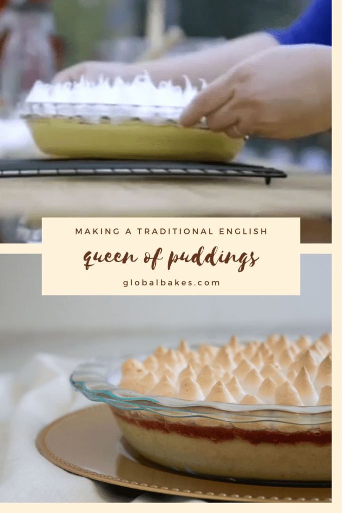 the process of making a traditional english queen of puddings in a pie pan with whipped cream on top