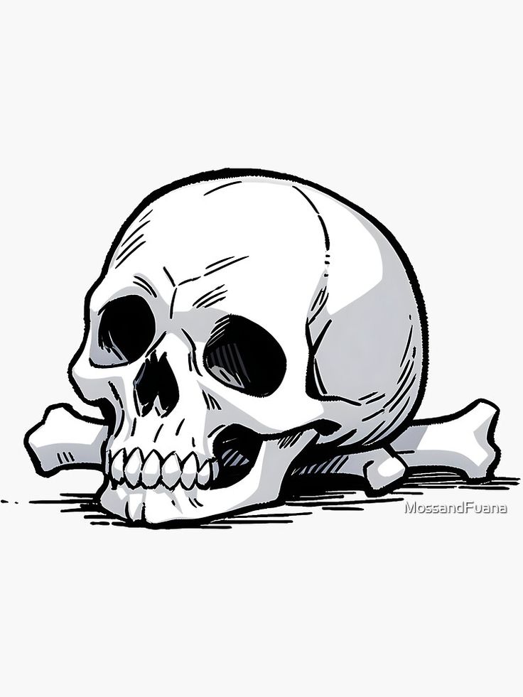 a black and white drawing of a human skull with bones on the ground in front of it