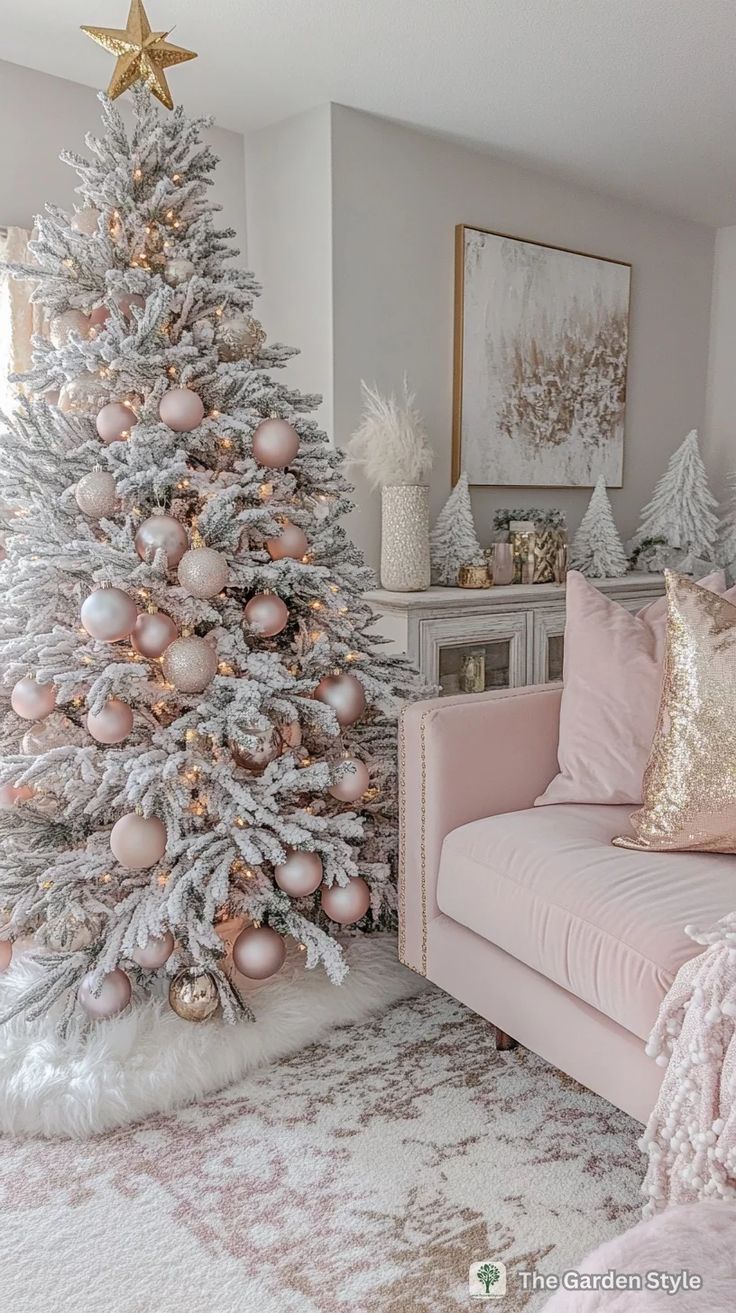 a white christmas tree with pink and gold ornaments is in the corner of this living room