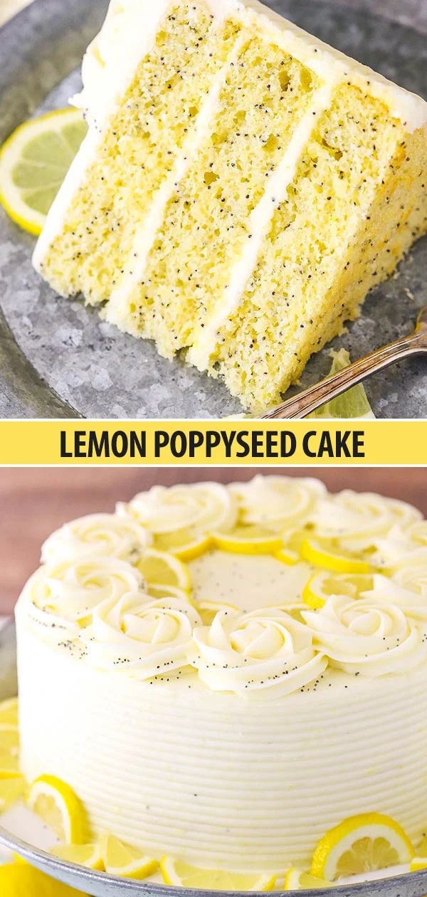 lemon poppy seed cake on a plate with the rest of the cake in the background