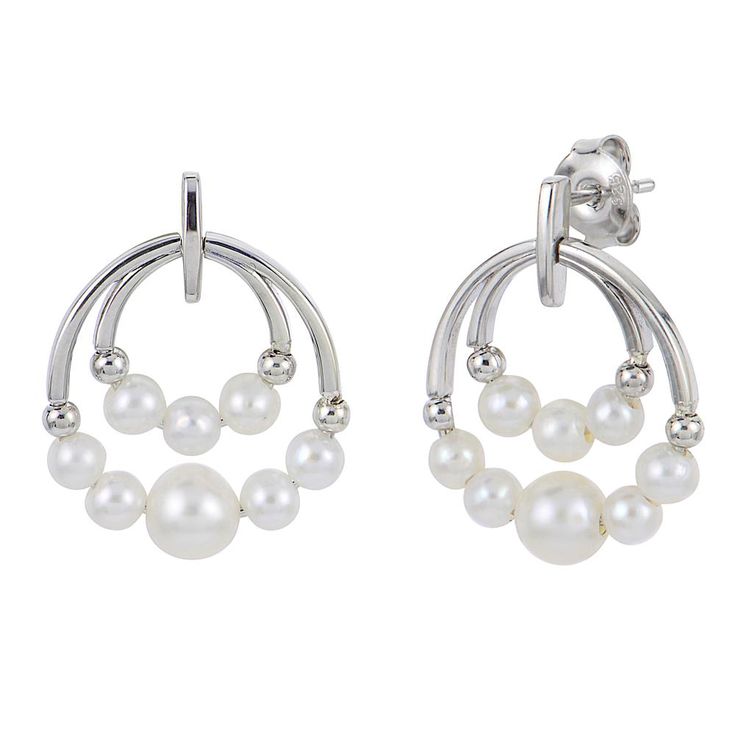 Sterling Silver 3-5mm Cultured Freshwater Pearl Double Circle Earrings A modern earring that spotlights the beauty of freshwater pearls, this style features a pair of circular, sterling loops portions of which are aglow with silky pearls.                     Each approx. 3/4"L x 3/4"W     Stamped .925 sterling silver; polished finish      Pierced with butterfly backs   Stone Information       All sizes and weights approximate     Cultured Freshwater Pearl: Off-round (3-5mm) Pearl Details, Color Bands, Modern Earrings, Circle Earrings, Sterling Earrings, Sterling Silver Earrings, Fresh Water, Freshwater Pearls, Jewelry Earrings Dangle