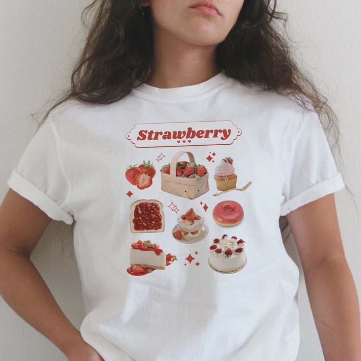 Strawberries are the superior fruit 🍓 ♡ More of Coquette Aesthetic: https://www.etsy.com/shop/RainieshopDesign?ref=seller-platform-mcnav&section_id=1   PRODUCT DETAILS   ♡ Gildan Heavy Cotton™ Tee ♡ Made with 100% cotton ♡ Midweight fabric (5.3 oz/yd² (180 g/m ♡ Loose fit ♡ Sewn-in label ♡ Runs true to size  SIZING   ▸ Please refer to the last picture with size chart for sizes and product dimensions.  ▸ Be aware that these shirts are baby tees that can have a snug fit if you choose your normal Korean Fashion Shirt, Strawberry Aesthetic, Desserts Drawing, Kawaii Hoodie, Aesthetic Baby, Cottagecore Clothes, Berry Dessert, Harajuku Outfits, Streetwear Clothes