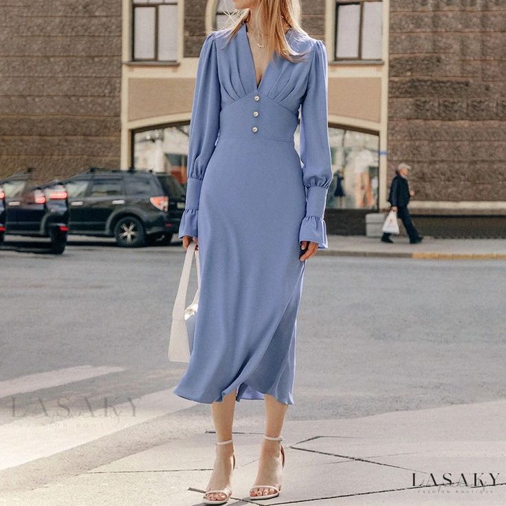 Lasaky - lantern sleeve dress with chic vintage elegance French Lantern, Stylish Midi Dress, How To Fold Sleeves, Low Cut Dresses, Lantern Sleeve Dress, Long Frocks, Chiffon Midi Dress, Pleated Bodice, Vintage Elegance