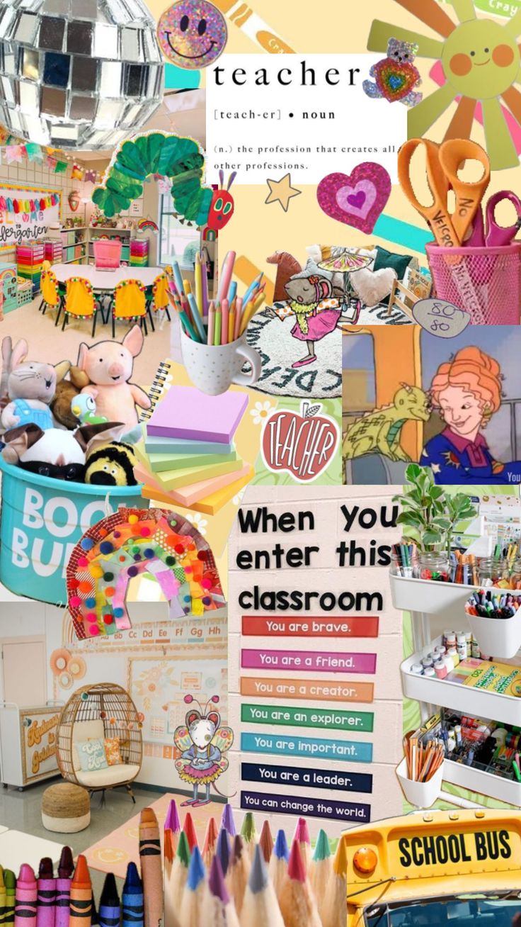 a collage of school supplies including crayons, pencils and paper