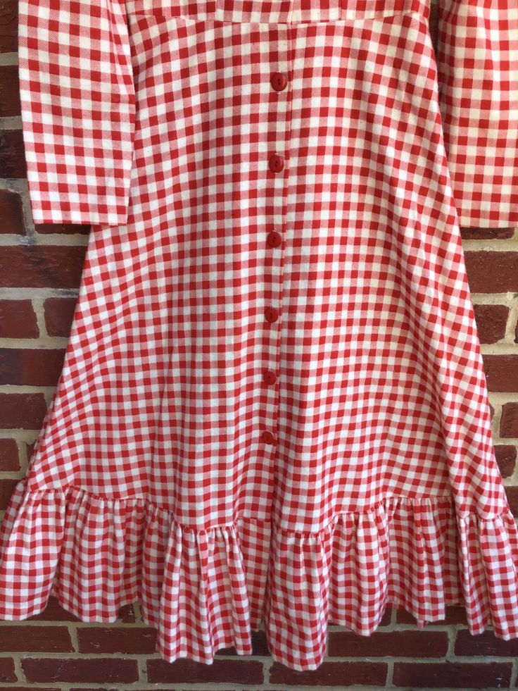 "Adorable cotton soft flannel like picnic dress/labeled size 6 made in USA measurements Pit to wrist 16 1/2\"/pit to pit 16 1/2\"/waist 14\"/length (shoulder to bottom) approx 50\"/Soft and cozy/adorable bottom ruffle/10 front button access/smoke free environment(04)" Cotton A-line Maxi Dress With Ruffles, Retro Plaid Dresses For Picnic, Plaid Vintage Summer Dress, Summer Plaid Vintage Dress, Fitted Cotton Maxi Dress For Picnic, Vintage A-line Plaid Dress, Retro Cotton Dress For Picnic, Cotton Vintage Midi Dress For Garden Party, Cottagecore Long Sleeve Vintage Dress For Summer