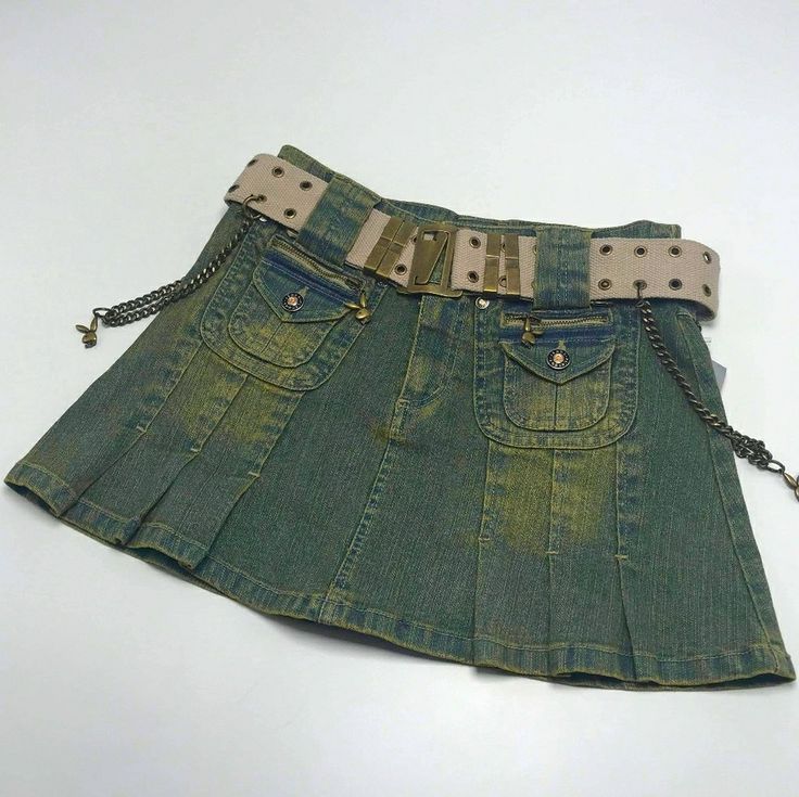 Matching Capri, Vest Or Pants Is Available As Well But Not Included! Material: 55% Ramie 41%Cotton 4%Spandex Made In China Green Denim Mini Skirt, Early 2000 Fashion, Vintage Denim Skirt, Casual Skirt Outfits, Skirt Trends, 2000s Fashion Outfits, Green Vintage, Fashion Fits, 2000s Fashion