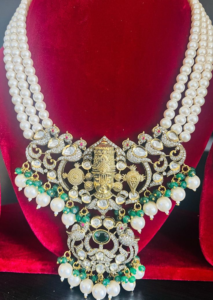 High-quality Victorian finish Balaji Pearl haram set with mossanites, comes with matching earrings. Victorian finish pendant and earrings. Traditional Festive Jewelry Set With Pearl Pendant, Temple Jewelry Pearl Necklace With Pendant, Festive Traditional Jewelry Set With Pearl Pendant, Festive Temple Jewelry Pearl Necklace With Pendant, Hand Set Chandbali Pearl Necklace For Diwali, Diwali Temple Jewelry Kundan Necklace With Pearl Pendant, Festive Chandbali Pearl Necklace Hand Set, Festive Chandbali Hand-set Pearl Necklace, Festive Hand Set Chandbali Pearl Necklace