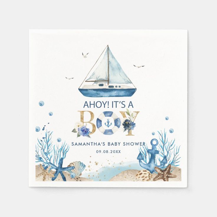 a baby shower card with an image of a sailboat on the water and corals