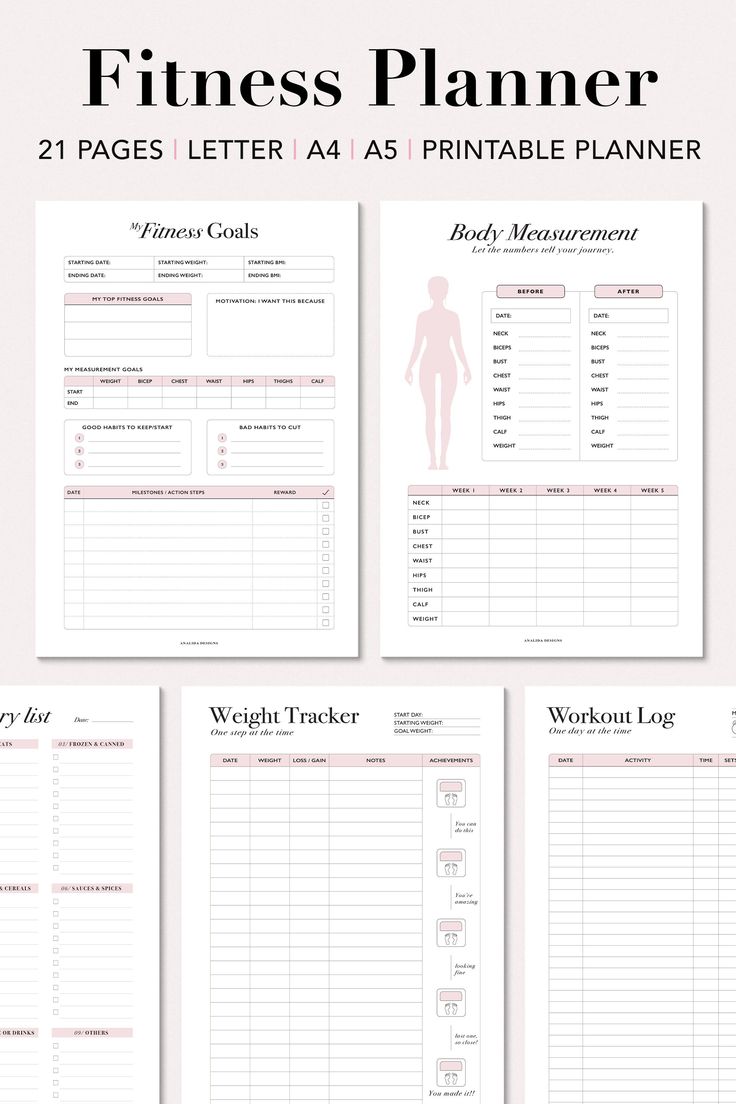 the printable fitness planner is shown in four different sizes