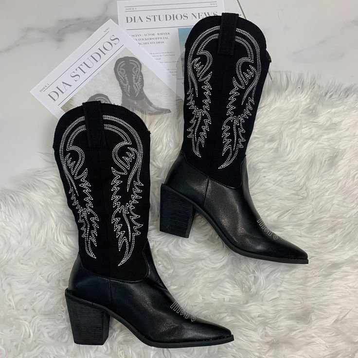 🤍Faster shipping on Diastudios.co.uk  Black Cowboy Boots with hand embroidered detail Sizes 2-6 available (UK sizing) UK Orders Posted with Free Fast Tracked Delivery (2-5 days) But... 📦 Delivery varies so please message for your estimated delivery date 🚚 Express shipping available, Please message me 🤍If you love these, check out my website, for discounts and new items: (Faster delivery for UK orders also available) diastudios.co.uk  🤍Discount code: 'NEWBIE' Western Style Knee-high Boots For Rodeo In Winter, Western Style Mid-calf Boots For Rodeo In Winter, Western Style Mid-calf Boots For Winter Rodeo, Mid-calf Boots For Western-themed Winter Events, Mid-calf Boots For Rodeo, Winter Rodeo Mid-calf Boots With Snip Toe, Western Wide Calf High Heeled Boots, Western Black Knee-high Boots For Fall, Winter Mid-calf Boots With Snip Toe For Rodeo