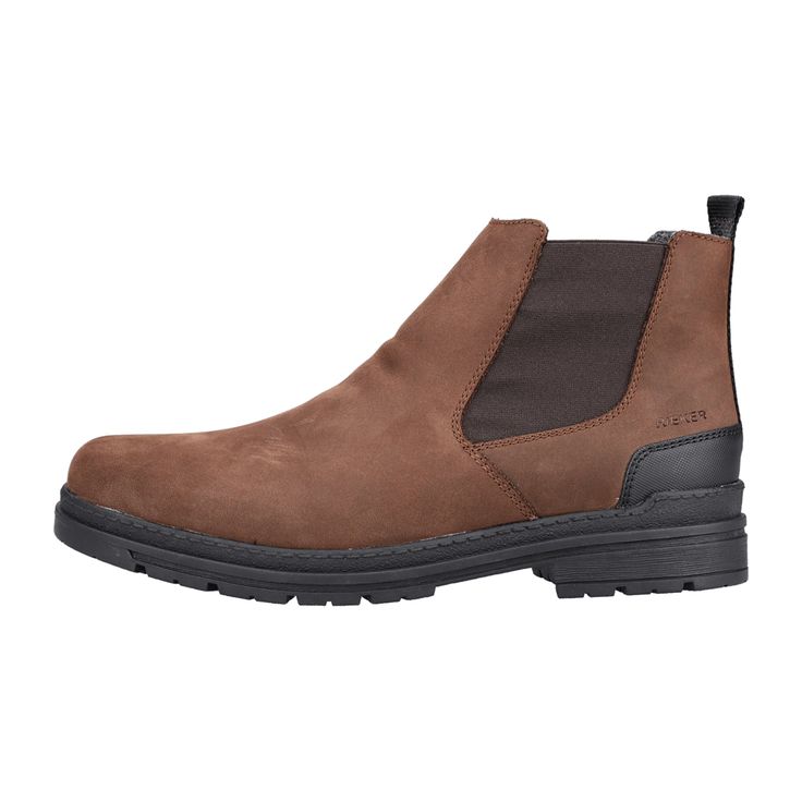 Rieker HWK Men's Boots, Brown | Stylish and Durable Footwear Rieker HWK Men's Boots in Brown Rieker CIGAR-BLACK  Item No.: F2660-25  Introducing the perfect companion for any occasion - these caramel brown Chelsea boots with ankle-high shaft from Rieker. The elastic insert provides great convenience when putting them on and taking them off. The sturdy and lightweight outsole with a small heel offers stability on various surfaces. Additionally, the soft insole ensures extra comfort for your feet. With the Comfort G 1/2 width, your toes have more room to move freely in the forefoot area. A nice bonus: you instantly gain a few centimeters in height!   Color: Brown  Heel Height: 1 cm  Heel Shape: No heel  Toe Shape: Round  Shoe Width: Normal (G)  Removable Insole: No  Sole Color: Black  Closur Brown Slip-on Work Boots With Reinforced Toe, Brown Slip-resistant Leather Work Boots, Slip-resistant Brown Leather Work Boots, Brown Slip-on Work Boots With Steel Toe, Brown Waterproof Slip-on Work Boots, Brown Slip-on Waterproof Work Boots, Classic Brown Slip-resistant Work Boots, Slip-resistant Plain Toe Brown Boots, Brown Slip-on Slip-resistant Work Boots