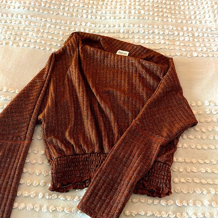 Bronze Colored Off The Shoulder Women’s Sweater. Size Medium, Never Worn. Super Cute Non-Smoking, Non-Pet Home. Brown Long Sleeve Party Tops, Brown Winter Party Tops, Winter Party Brown Tops, Brown Cropped Top For Fall, Brown Cropped Blouse For Fall, Brown Cropped Party Top, California Sweater, Peach Love, Pet Home