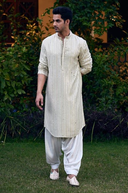 Buy Green Georgette Embroidery Mirror Yasir Kurta Set For Men by Ankit V Kapoor Online at Aza Fashions. Kurta Man Design For Men, Indian Groomsmen Outfits For Men, White Kurta Pajama Men Weddings, Ivory Kurta For Men, Mens Kurta Designs Style Indian Weddings, Off White Kurta For Men, White Kurta Designs For Men, Sky Blue Kurta Men, Kurta Pajama Men Design