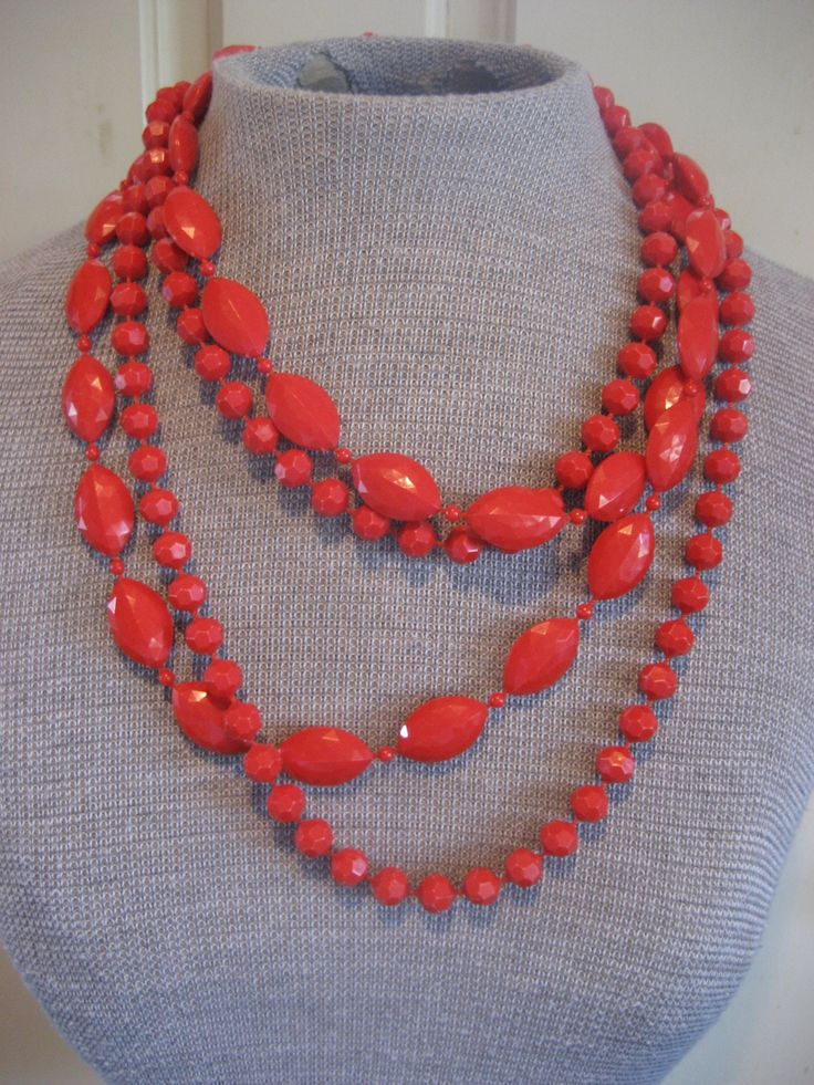 "Large double strand red plastic necklace  Make an entrance !! with this statement necklace 24 1/2\" long, Has a clasp so you can try to make a bracelet out of it. large beads are 7/8\" long x 5/8\" wide round beads are 3/8\"dia. on knotted red string" Plastic Necklace, Large Beads, Redwood City, Red String, Necklace Statement, Bead Jewellery, Round Beads, Pendant Necklaces, Necklace Etsy