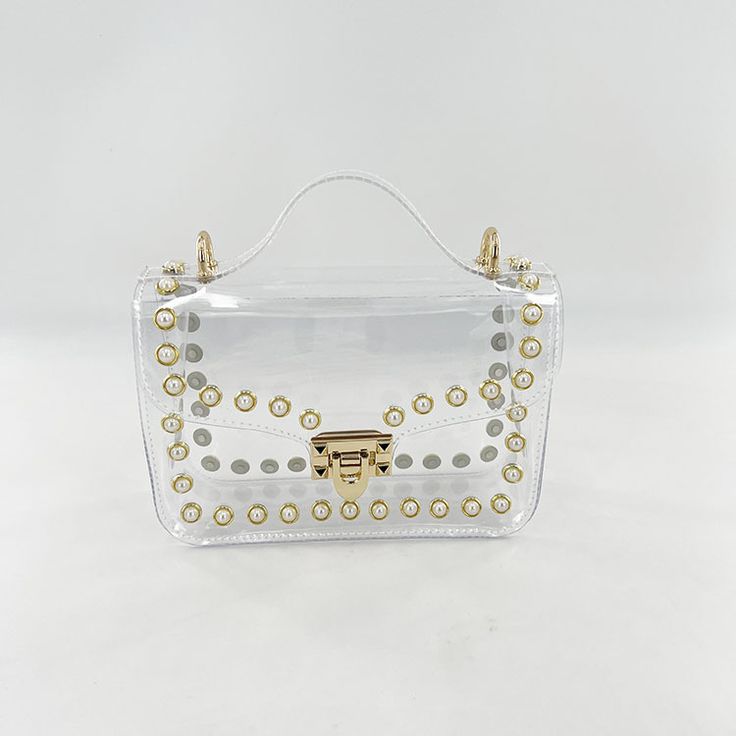 Free U.S. shipping. Style:  , color:White, suite for season：Spring, Summer, Autumn ，Beach, Date, Going out, Hanging out, Party, Material PU, Pearl Embellished Top Handle Clear Satchel Crossbody Bag with Chain Strap White Shoulder Bag For Party, White Bag With Clear Strap For Summer, White Summer Bag With Clear Strap, White Rectangular Shoulder Bag For Party, Rectangular Shoulder Bag For Spring Events, Rectangular White Shoulder Bag For Party, Chic Party Shoulder Bag With Clear Strap, Trendy Formal Bags For Summer, White Party Bag With Clear Strap