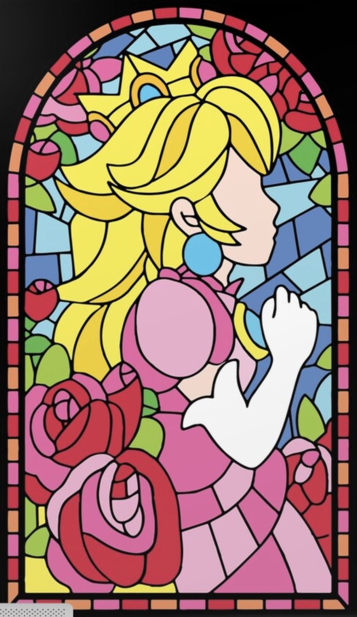 a stained glass window with a woman and flowers