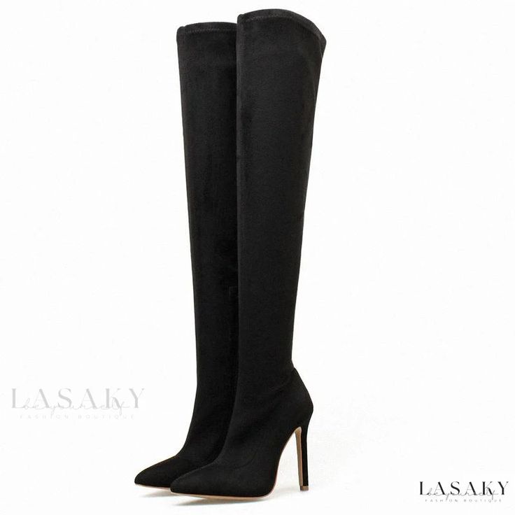 Lasaky - Sexy Over-the-Knee High Heel Boots with Stretchy Long Shaft Black Full Length Trendy Boots, Trendy Black Full Length Boots, Trendy Full Length Black Boots, Black High Shaft Knee-high Boots For Party, Black Knee-high Boots With High Shaft For Party, Black Knee-high Boots For Party, Black High Shaft Heeled Boots For Party, Fitted Winter Boots For Club, Black Fitted High Shaft Heeled Boots