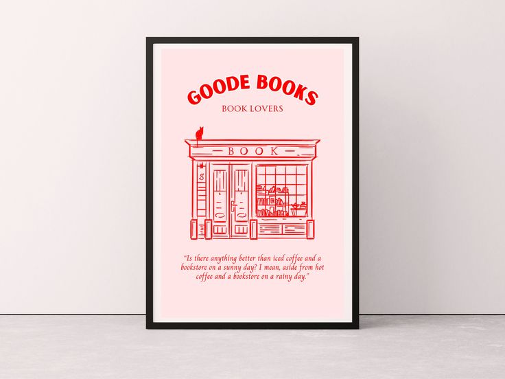 a red poster with the words good books on it in front of a white wall