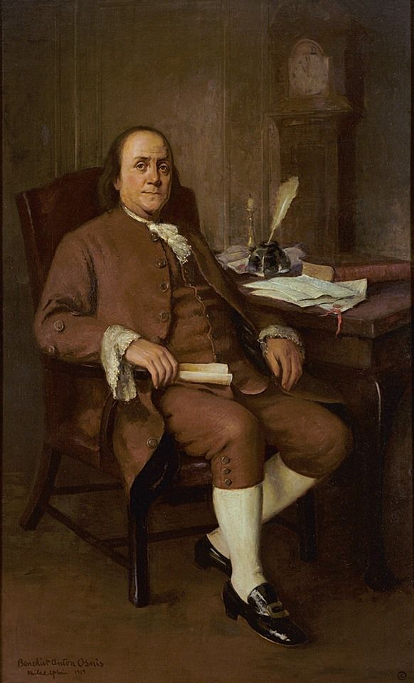 a painting of a man sitting in a chair with a book and quill pen